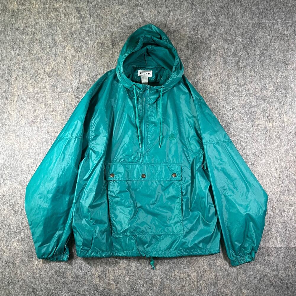 Vintage IZOD Anorak Windbreaker Jacket / Mens Medium /Teal Green Half Zip Hooded
